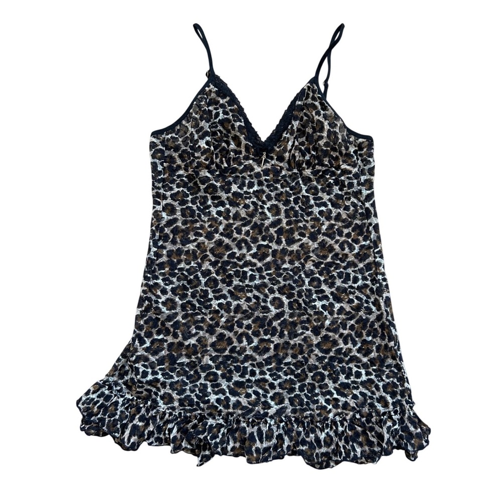 Vtg Victorias Secret Leopard Mesh Ruffle mini Slip Dress Large Animal Print sexy
